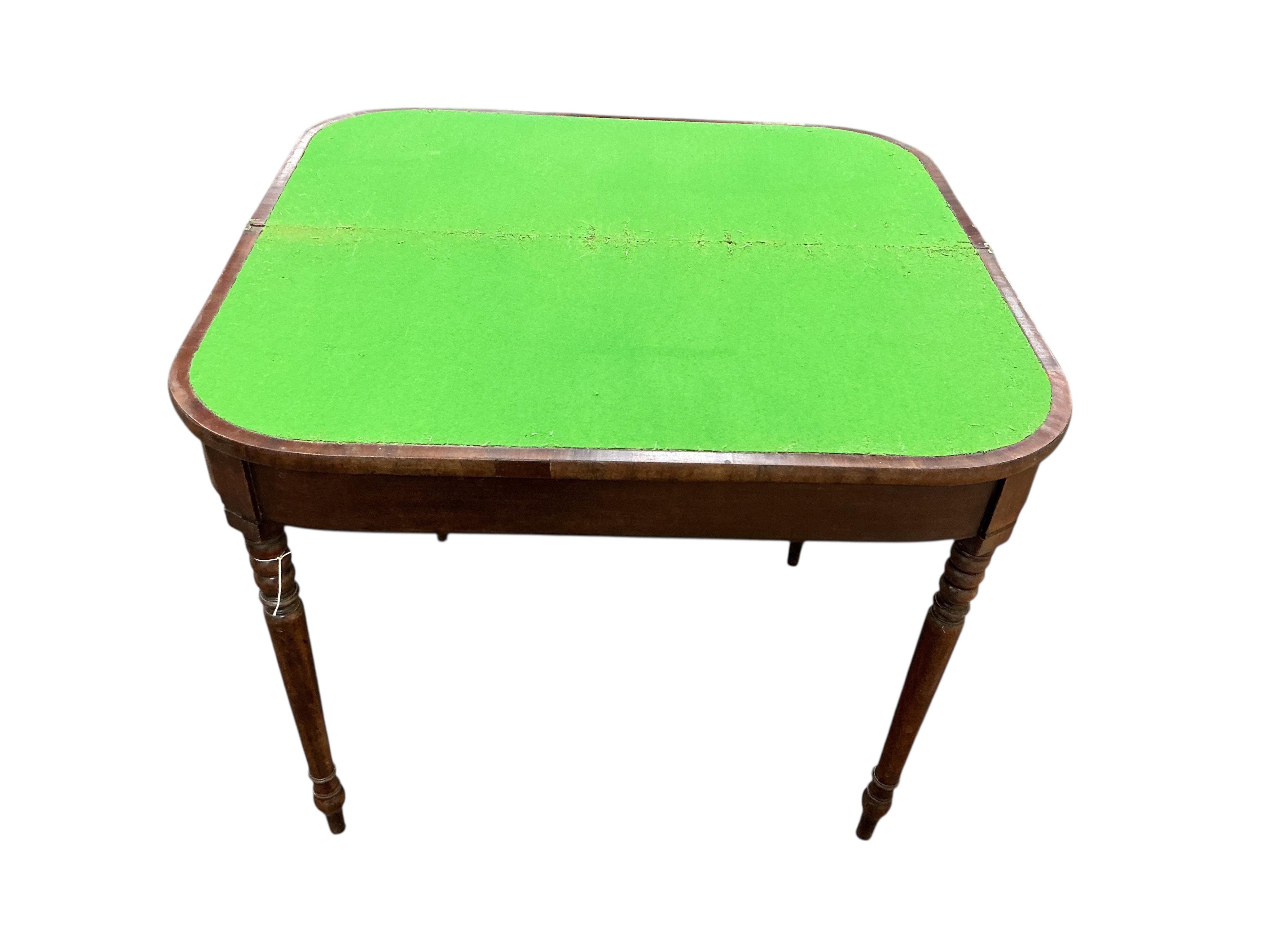 Regency mahogany D shaped folding card table, width 91cm, depth 44cm, height 74cm.